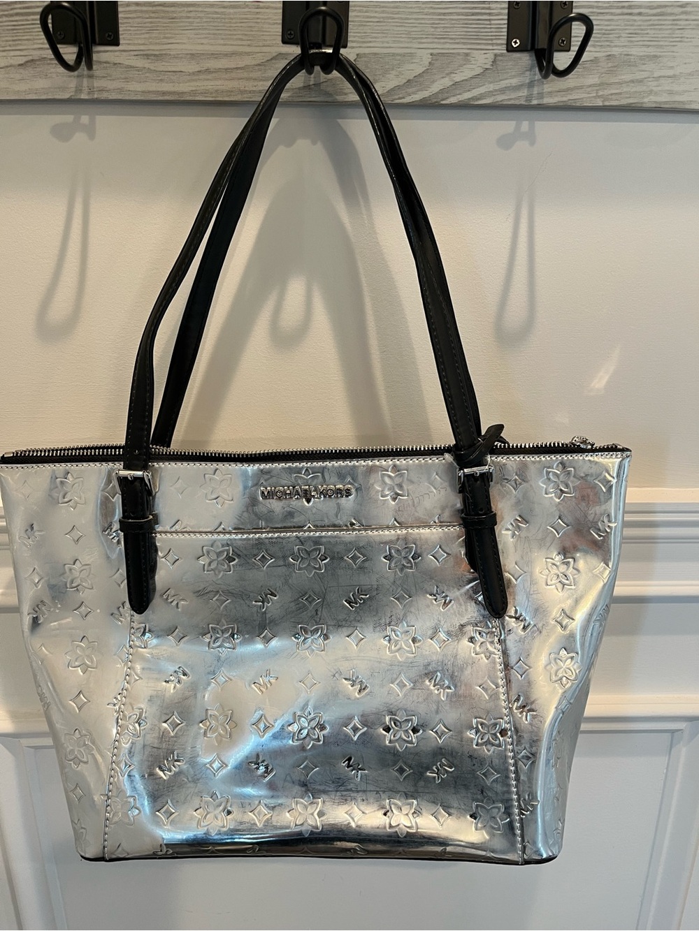 Michael Kors Silver Metallic Embossed Tote with Black Straps